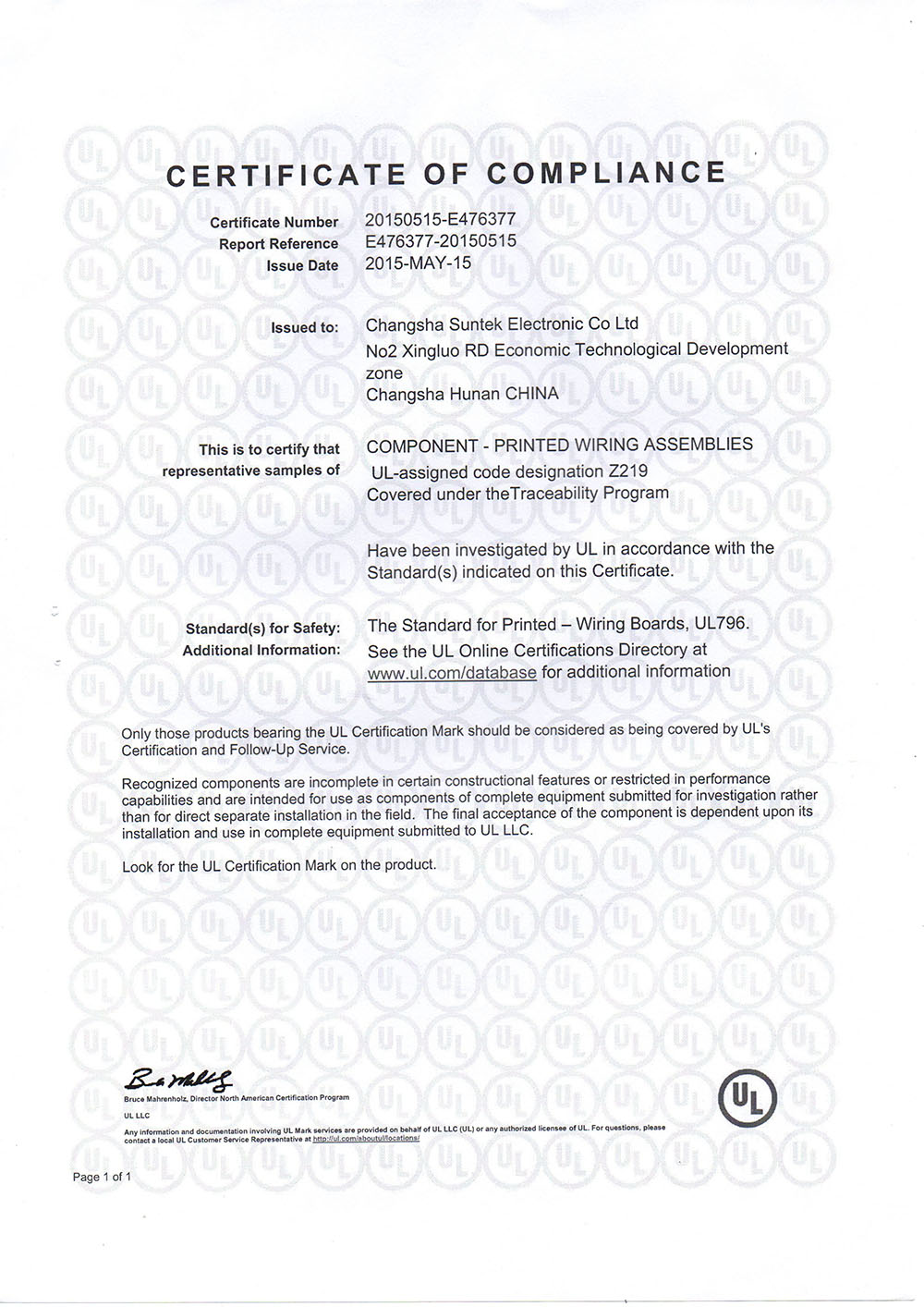 Suntek Certificate UL